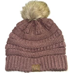 Women’s Soft Stretch Cable Knit Faux Fur Pom Pom Beanie‎ Hat